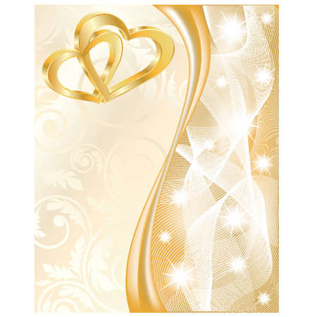 boda de oro Tarjeta de boda con dos corazones de oro, ilustración vectorial